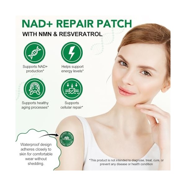 NAD+ Lot de 30 patchs anti-âge pour la peau – Patch Resvératrol Energy Boost de 8 heures avec NAC et CoQ10, supplément transd...