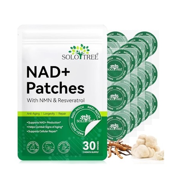 NAD+ Lot de 30 patchs anti-âge pour la peau – Patch Resvératrol Energy Boost de 8 heures avec NAC et CoQ10, supplément transd...
