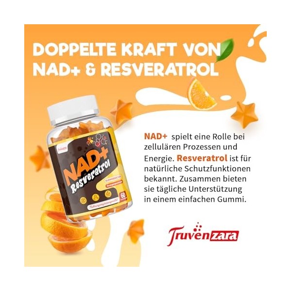 Gommes NAD+ 1310 mg avec Resvératrol, TMG, Collagène Marin Hydrolysé et Extrait de Poivre Noir, Complément NAD+, Saveur Orang...