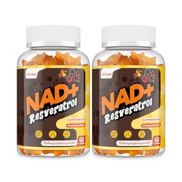 Gommes NAD+ 1310 mg avec Resvératrol, TMG, Collagène Marin Hydrolysé et Extrait de Poivre Noir, Complément NAD+, Saveur Orang...