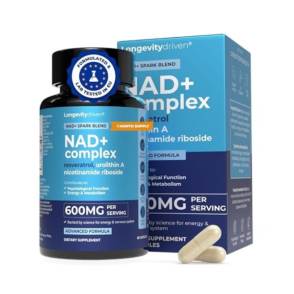 Longevity Driven - NAD+ 500 mg, Anti-âge, Réduit la Fatigue et Améliore le Métabolisme, Resvératrol, Urolithine A, Niacine, 6