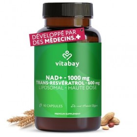 Vitabay NAD+ Liposomal 1000mg & Trans-Resveratrol 600mg - 90 Softgels Végétalien - Haute Dose, Testé en Laboratoire - Supplém