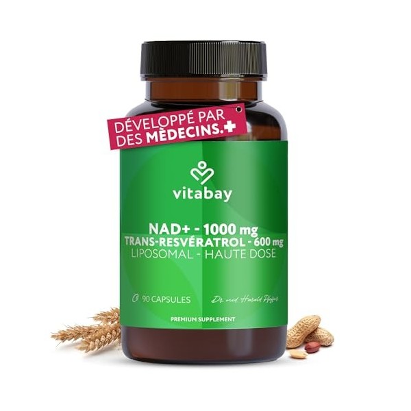 Vitabay NAD+ Liposomal 1000mg & Trans-Resveratrol 600mg - 90 Softgels Végétalien - Haute Dose, Testé en Laboratoire - Supplém