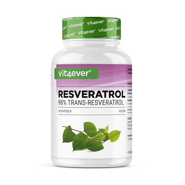 Resvératrol - 520 mg par gélule - 98% trans-resvératrol de lextrait de racine de renouée du Japon 100:1 + pipérine pour une