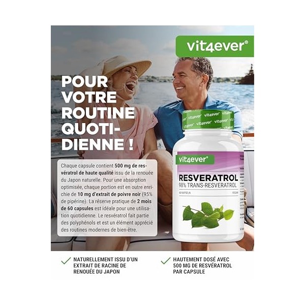 Resvératrol - 520 mg par gélule - 98% trans-resvératrol de lextrait de racine de renouée du Japon 100:1 + pipérine pour une