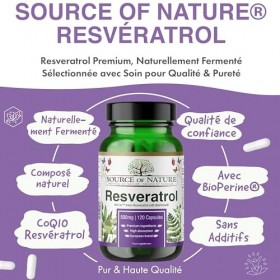 Trans-Resvératrol 500 mg | 120 gélules vegan | Haute dose | Pureté 98 % | Fermenté naturellement | Avec pipérine | Testé en l...