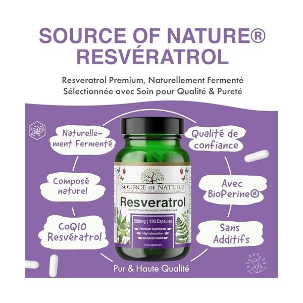 Trans-Resvératrol 500 mg | 120 gélules vegan | Haute dose | Pureté 98 % | Fermenté naturellement | Avec pipérine | Testé en l...