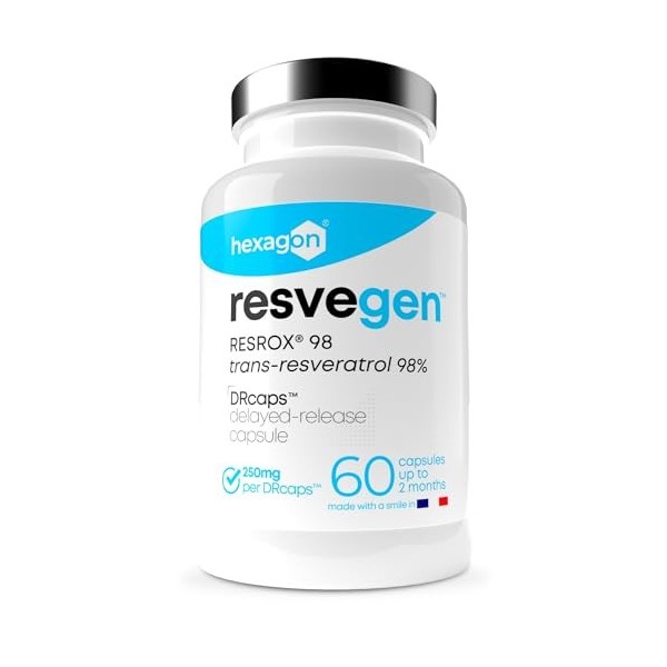 Resveratrol - Trans-Resveratrol 98% labellisé RESROX® - 60 Gélules DRcaps™ Libération Retardée 250mg - Resvegen™ Haute Dispon