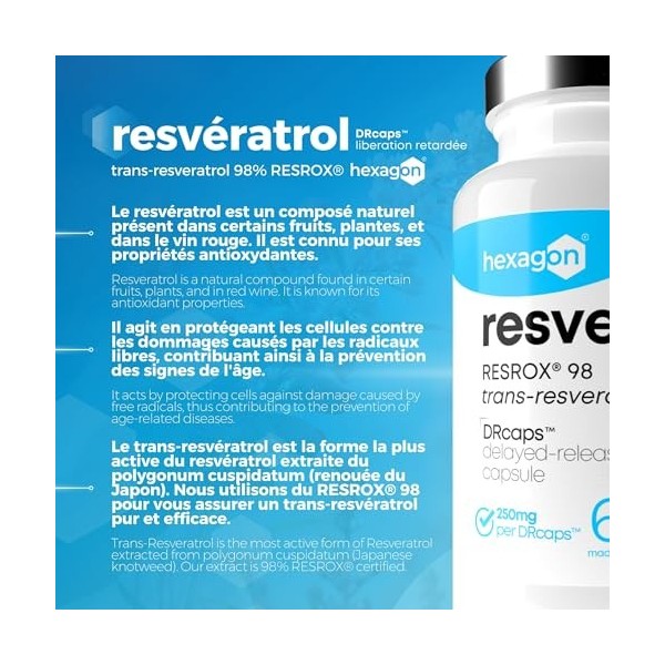 Resveratrol - Trans-Resveratrol 98% labellisé RESROX® - 60 Gélules DRcaps™ Libération Retardée 250mg - Resvegen™ Haute Dispon