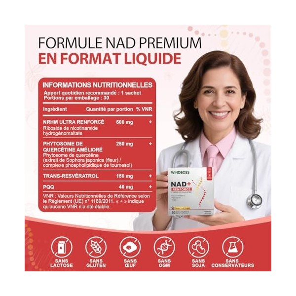 Windboss Liquide à Haute Puissance NAD+ 1000mg, NRHM ULTRA RENFORCÉ & PHYTOSOME DE QUERCÉTINE, TRANS-RESVÉRATROL– Stimule lÉ