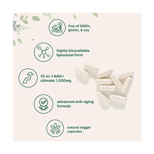Capsules liposomales NAD+, formule avancée 10 en 1 avec resvératrol, ALA, glutathion et plus encore - 60 capsules