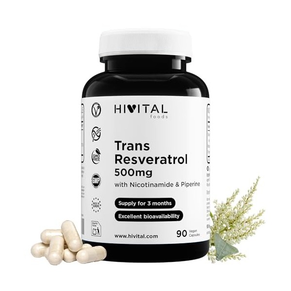 Trans-Resveratrol 500 mg. 90 gélules végétaliennes pour 3 mois de traitement. Avec Nicotinamide et Pipérine. Extrait Naturel 