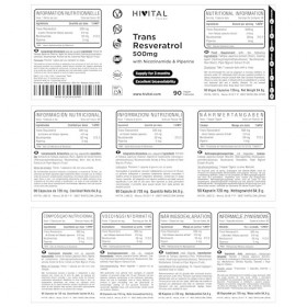 Trans-Resveratrol 500 mg. 90 gélules végétaliennes pour 3 mois de traitement. Avec Nicotinamide et Pipérine. Extrait Naturel 