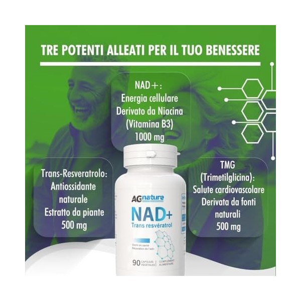 NAD Complément à base de Nicotinamide Pure 90 Gélules 1000 mg – Complexe Anti-Âge et Anti-Fatigue avec Niacine, Trans-Resvéra