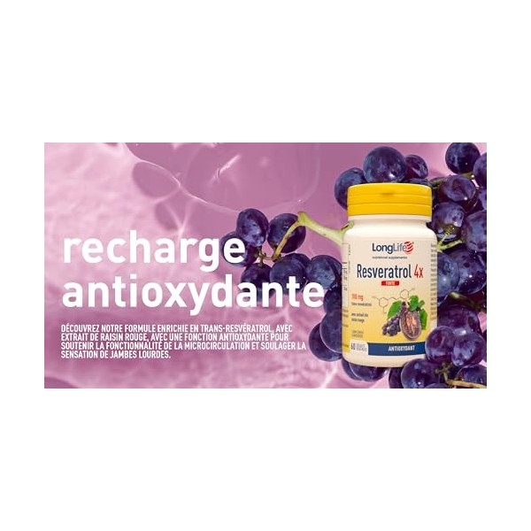 LongLife® Resveratrol 4x Forte | Trans-resvératrol pur Veri-te™ et raisin rouge | Cœur et circulation | Jambes légères | 60