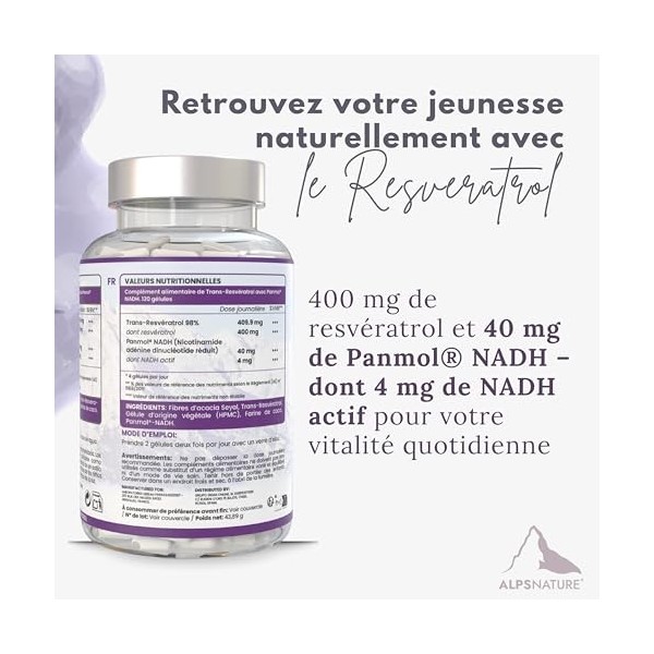 ALPS NATURE NADH Panmol Breveté + Trans-Resvératrol 98% Pur – Formule à Haute Biodisponibilité et Stabilité – Énergie Cellula