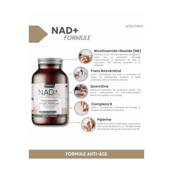 WeBotanix | Formule NAD+ avec Trans-Resvératrol et Quercétine | 60 Gélules | Avec Vitamines B2 et B5 + Pipérine | Énergie Cel