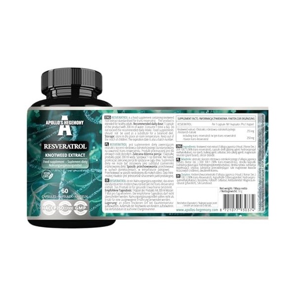 Resveratrol High Dose 400 mg - 60 gélules végétaliennes - 2 mois dapprovisionnement - 98% Trans-Resveratrol de lextrait de 