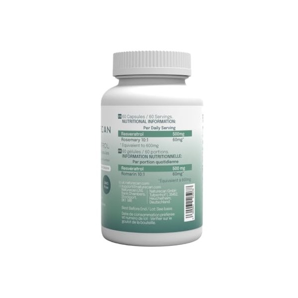 Naturecan Resvératrol et Romarin – 500 mg – 60 gélules – Complément alimentaire – Fabriqué en Europe