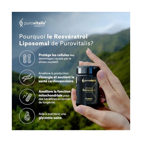 PUROVITALIS Resvératrol liposomal 250mg, 30 portions 30 gélules végétaliennes , supplément antioxydant trans-resvératrol de