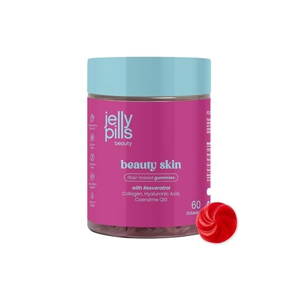 Jelly Pills Gummies avec 500 mg Collagène Hydrolysé, Resvératrol, Acide Hyaluronique, CoQ10 & Vit. C – 60 Gummies Goût Fraise