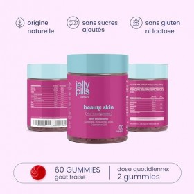 Jelly Pills Gummies avec 500 mg Collagène Hydrolysé, Resvératrol, Acide Hyaluronique, CoQ10 & Vit. C – 60 Gummies Goût Fraise