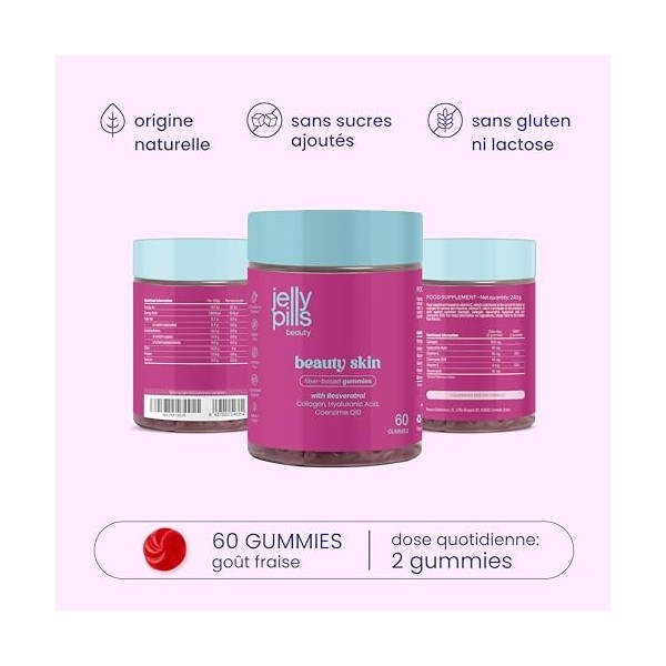 Jelly Pills Gummies avec 500 mg Collagène Hydrolysé, Resvératrol, Acide Hyaluronique, CoQ10 & Vit. C – 60 Gummies Goût Fraise