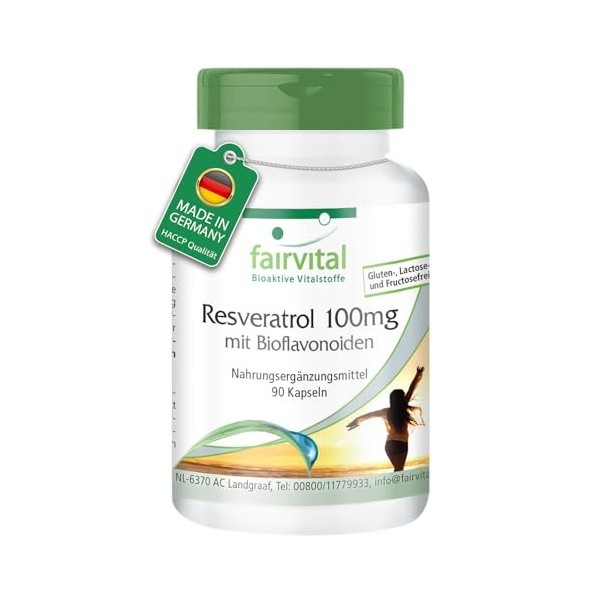 Fairvital | Resvératrol 100mg avec Bioflavonoïdes - Hautement bioactif avec de la rutine, de lOPC et de la quercétine - 90 g