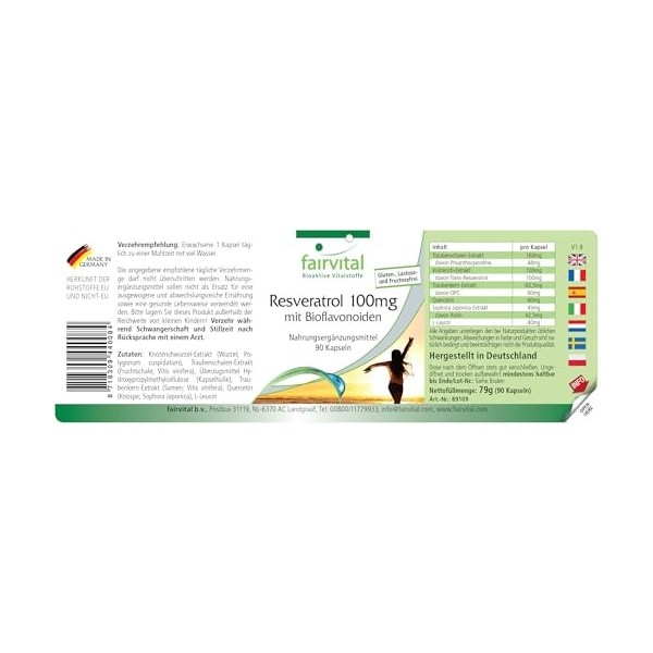 Fairvital | Resvératrol 100mg avec Bioflavonoïdes - Hautement bioactif avec de la rutine, de lOPC et de la quercétine - 90 g
