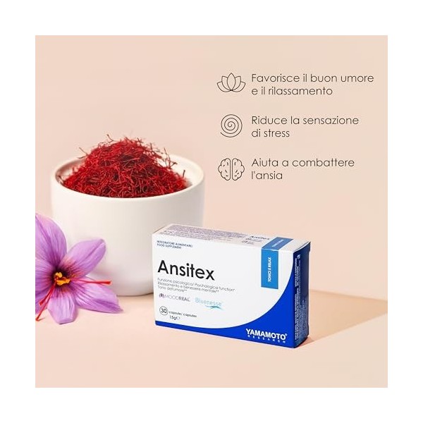 YAMAMOTO RESEARCH Ansitex 30 Capsules, Nutraceutique pour Favoriser la Relaxation avec de l’Extrait de Melissa, du Safran et ...