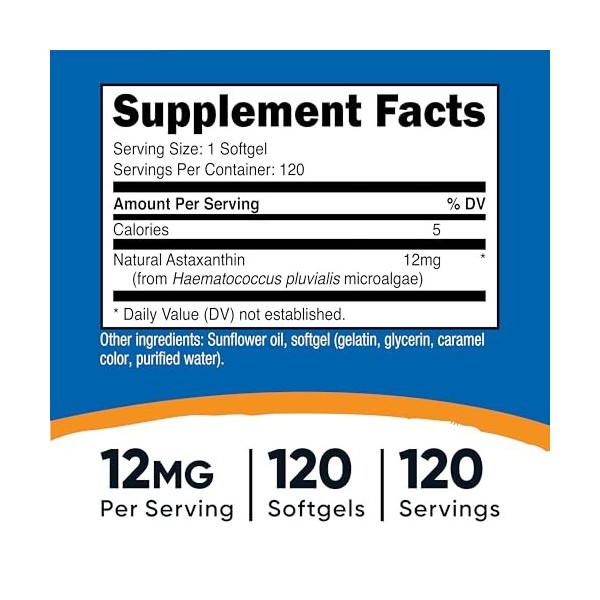 Nutricost Astaxanthine 12mg, sans OGM et sans gluten, 120 gélules approvisionnement de 4 mois 