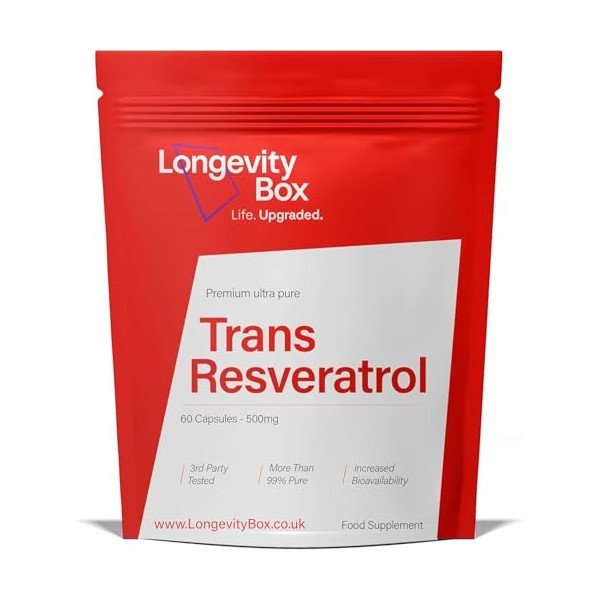 Longevity Box Trans-Resvératrol 1000mg – 60 gélules – 99% pur, végan, sans OGM – testé tiers