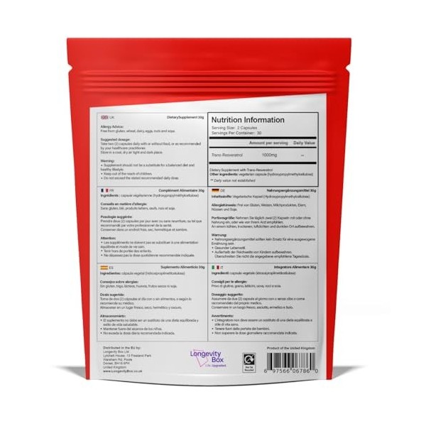 Longevity Box Trans-Resvératrol 1000mg – 60 gélules – 99% pur, végan, sans OGM – testé tiers