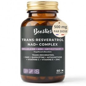 Boosties Trans-Resvératrol 98% 500 mg & NAD+ Complex – avec Quercétine, Astaxanthine, Vitamines C, E & Zinc – Anti-Âge, Bou