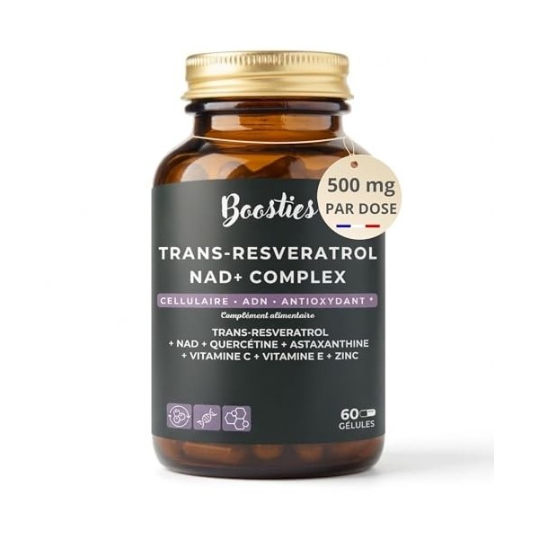 Boosties Trans-Resvératrol 98% 500 mg & NAD+ Complex – avec Quercétine, Astaxanthine, Vitamines C, E & Zinc – Anti-Âge, Bou