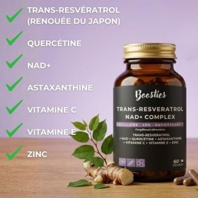 Boosties Trans-Resvératrol 98% 500 mg & NAD+ Complex – avec Quercétine, Astaxanthine, Vitamines C, E & Zinc – Anti-Âge, Bou