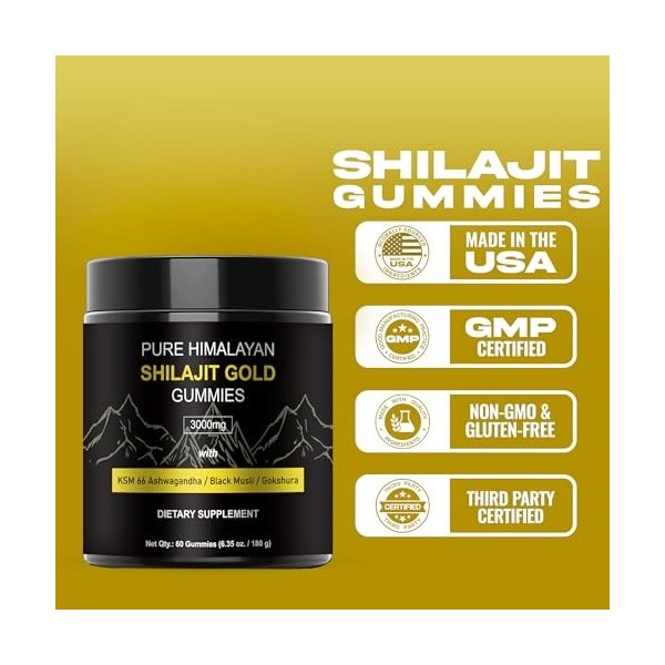 Gommes de Shilajit pur de lHimalaya : shilajit de qualité or enrichi en ashwagandha, acide fulvique et plus de 85 oligo-élém