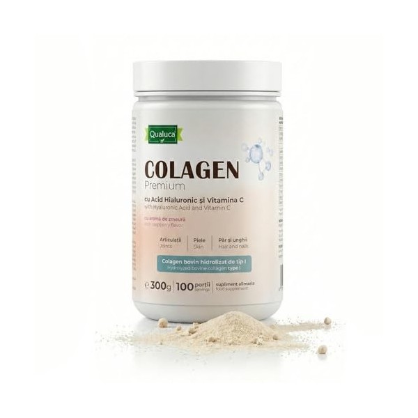 Qualuca® Collagène avec Acide Hyaluronique et Vitamine C | Type I | 300 g | 100 Portions, Arôme Framboise