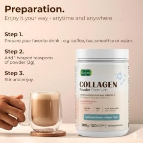 Qualuca® Collagène avec Acide Hyaluronique et Vitamine C | Type I | 300 g | 100 Portions, Arôme Framboise