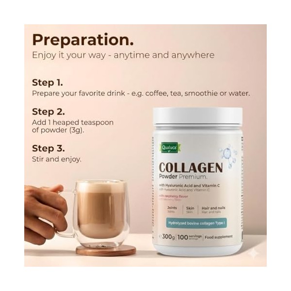 Qualuca® Collagène avec Acide Hyaluronique et Vitamine C | Type I | 300 g | 100 Portions, Arôme Framboise