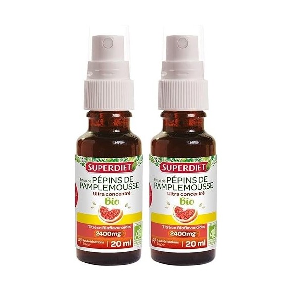 SUPERDIET- EXTRAIT DE PÉPINS DE PAMPLEMOUSSE BIO- Titré en flavonoïdes à 2400mg - Vitalité - Sans alcool - Spray de 20ml Lot ...
