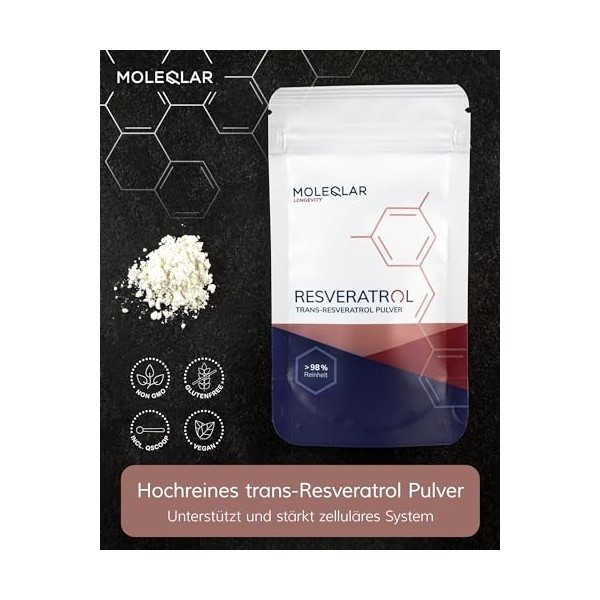 MoleQlar Resvératrol en Poudre 100 g, Complément Alimentaire issu de la Fermentation de Levure, 500 mg par Portion, Texture F...