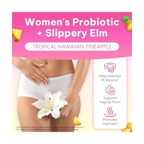 Probiotiques Gummies pour Femmes, Flore Intime Gummies Saveur Ananas, avec Orme Rouge, Support pH et Immunité, Flore intestin