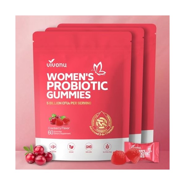 VivoNu Probiotiques pour Femmes – Gommes Bien-Être Féminin | 18 Souches de Lactobacillus | Jusqu’à 60 Milliards UFC/Jour | Vi...