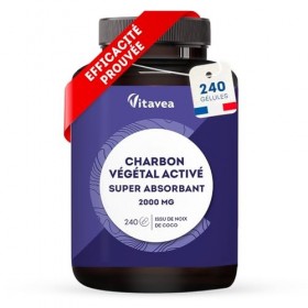 Charbon Actif Végétal Super Absorbant 2000 mg - 240 gélules - Charbon Végétal Naturel Issu de Noix de Coco - 1 mois - Fabriqu