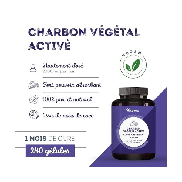 Charbon Actif Végétal Super Absorbant 2000 mg - 240 gélules - Charbon Végétal Naturel Issu de Noix de Coco - 1 mois - Fabriqu