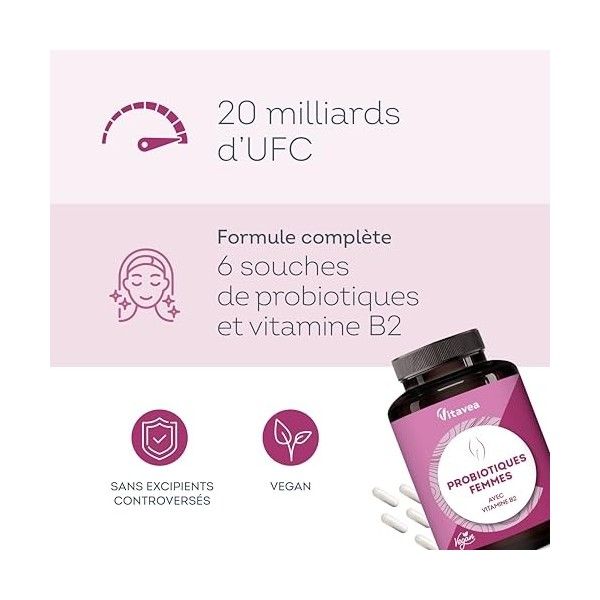 Probiotiques Flore Intime - 20 Milliards UFC - 1 mois - 6 Souches Dont Lactobacillus Gasseri & Crispatus - Vitamine B2 pour M