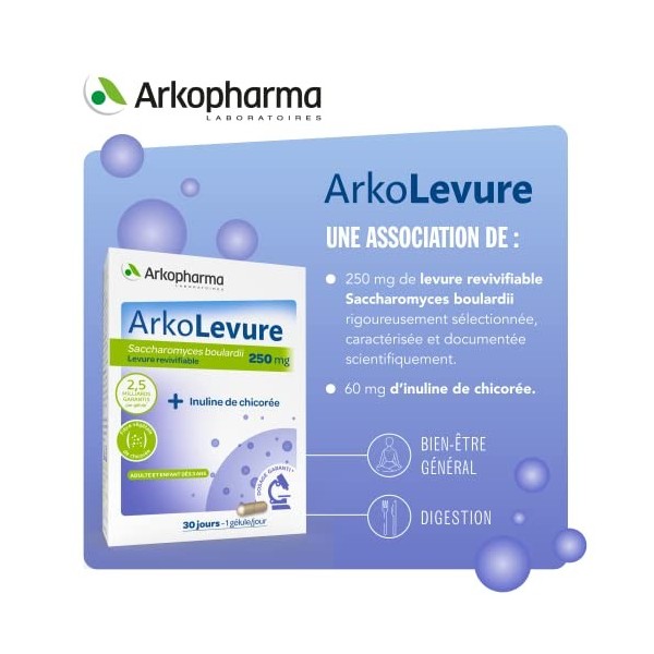 Arkopharma - Arkolevure® 250 mg - Levures digestives et inuline - Boîte de 30 gélules sous blister ultra-protecteur - Cure d