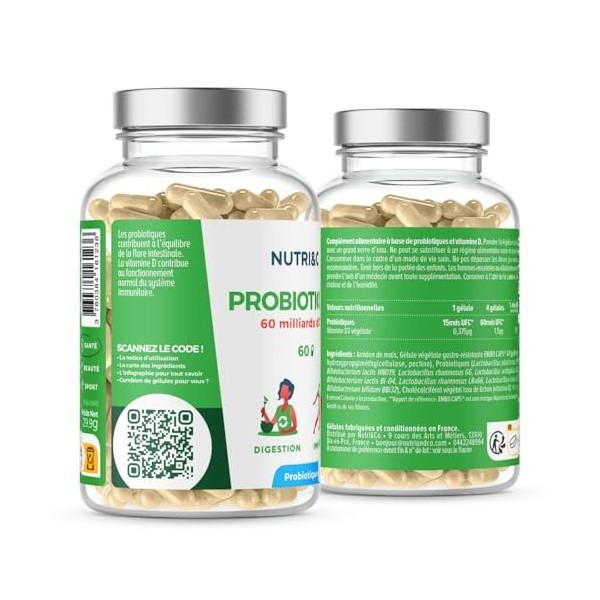 NUTRI & CO Probiotique Flore Intestinale - 60 Milliards UFC/jour - 8 Souches Dont 3 Cliniquement Étudiées - 60 Gélules Gastro