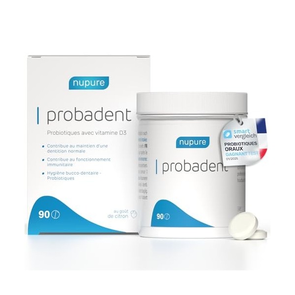 Nupure® Probadent pastilles à sucer contre la mauvaise haleine avec probiotique pour la flore buccale avec 5 μg de vitamine D...